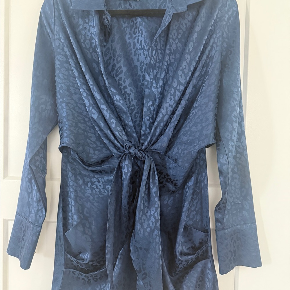 Blue Leopard Print Satin Blouse